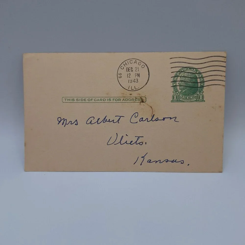 Vintage 1943 One Cent Jefferson Postcard Chicago Illinois Postmark Collectible